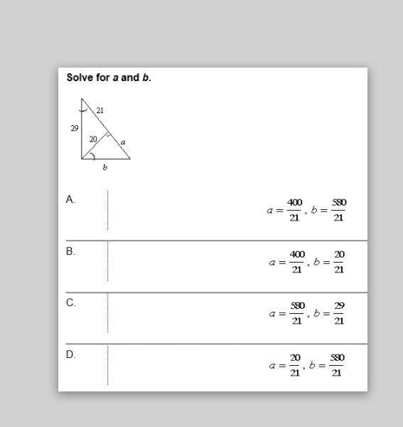 solve for a and B. A. a=400/21, b = 580/21 B. a=400/21, b=20/21. C a=580/21, b=20/21. D-example-1