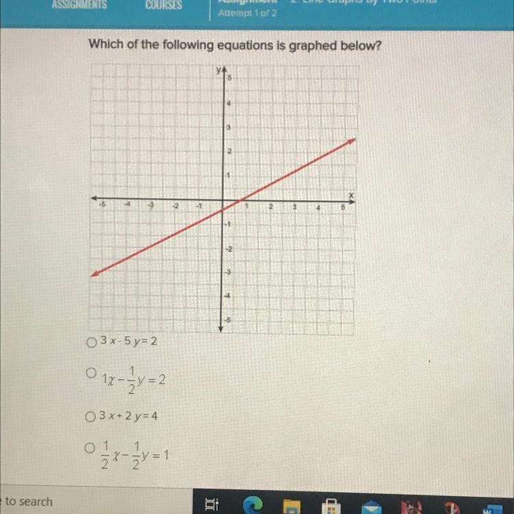 Which of the following equations is graphed below 3x-5 y=2 1x-1/2 y=2 3x+2 y=4 1/2x-example-1