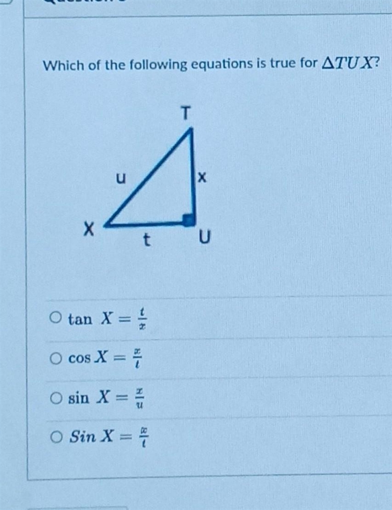 Which of the following equations is true for ATUX? I u A X t e tan X = O cos X = O-example-1