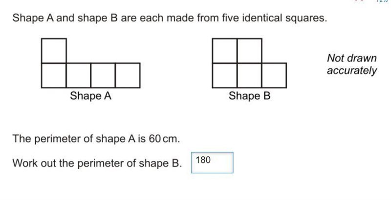 Shape A and Shape B are each made from 5 identical squares. The perimeter of shape-example-1