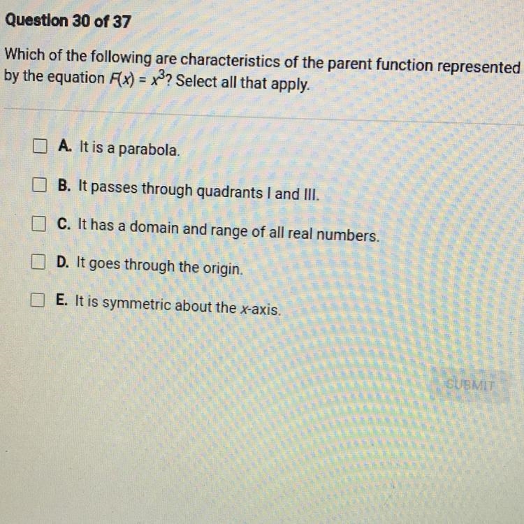 Help a brother out!! Which of the following are characteristics of the parent function-example-1