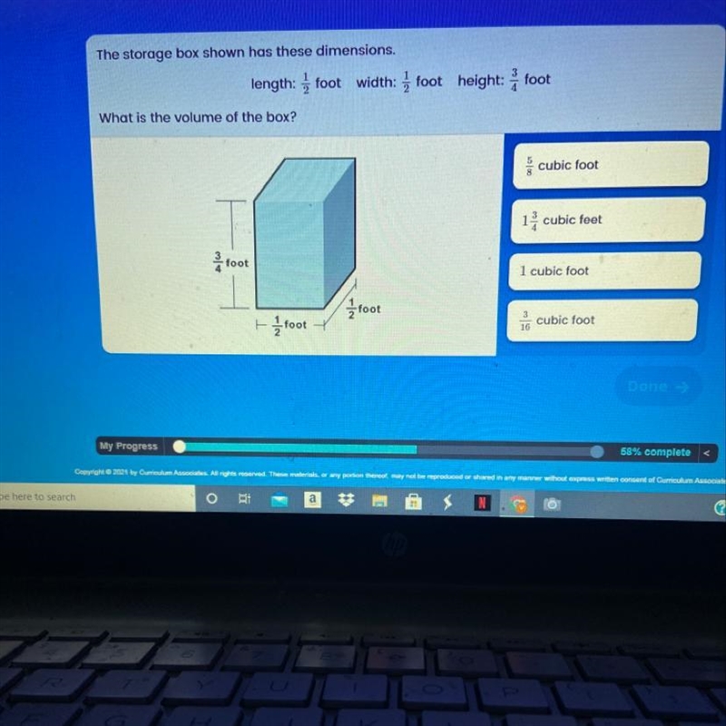 The storage box shown has these dimensions. length: 1/2 foot width: 1/2foot height-example-1