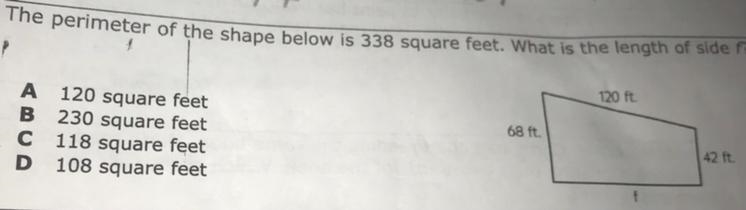 The perimeter of the shape below is 338 square feet. What is the length of side F-example-1