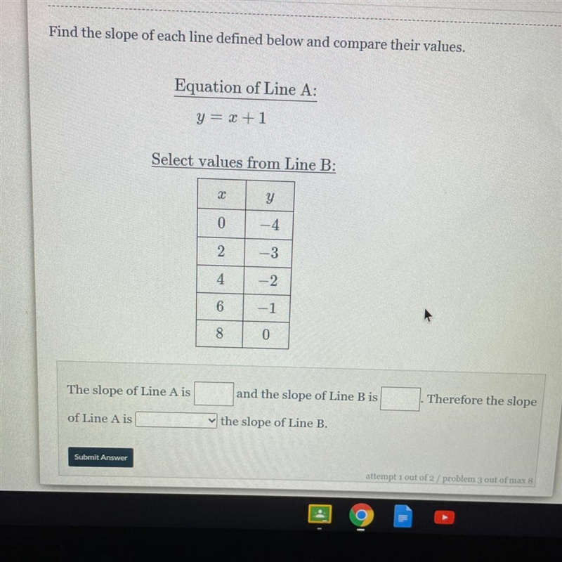 Find the slope of each line defined below and compare their values. Equation of Line-example-1