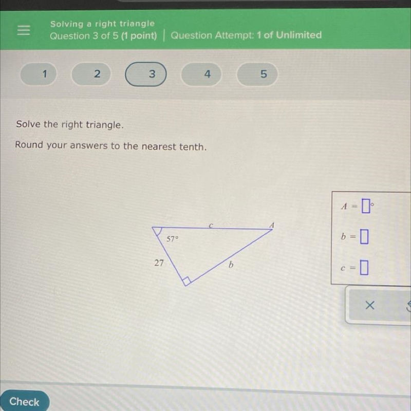 Solve the right triangle. Round your answers to the nearest tenth.-example-1