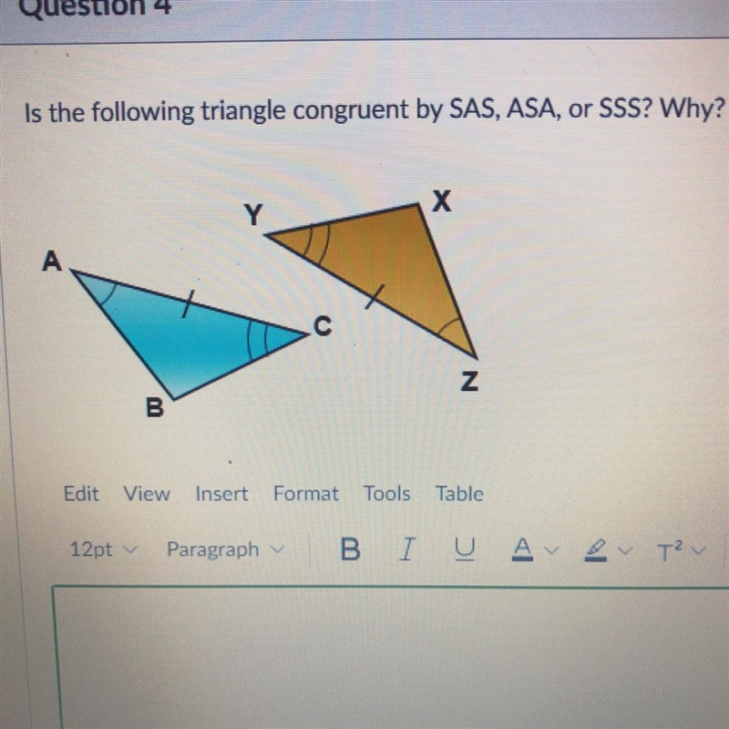 Is the following triangle congruent by SAS, ASA, or SSS? Why?-example-1