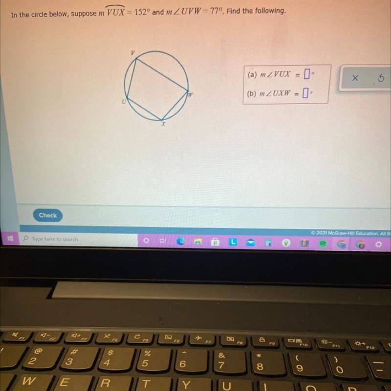 In the circle below, suppose m VUX = 152° and mZUVW = 77º. Find the following. (a-example-1