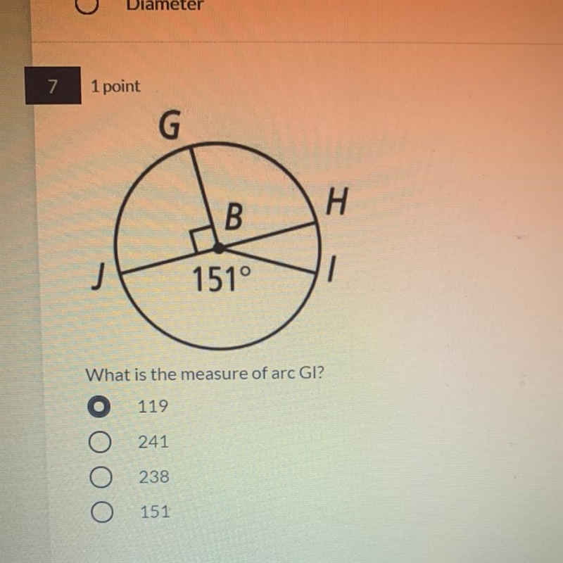 What is the measure of arc GI? -119 -241 -238 -151-example-1