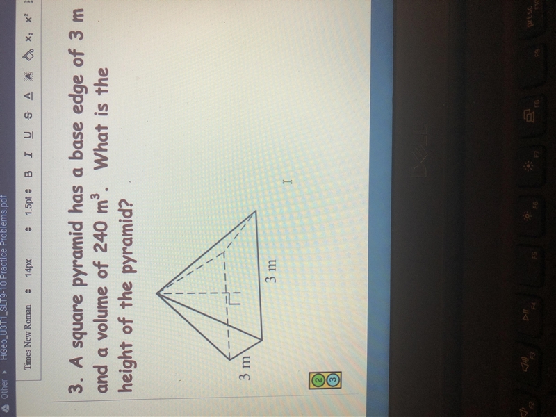 HELPP! Geometry volume practice A square pyramid has a base edge of 3m and a volume-example-1