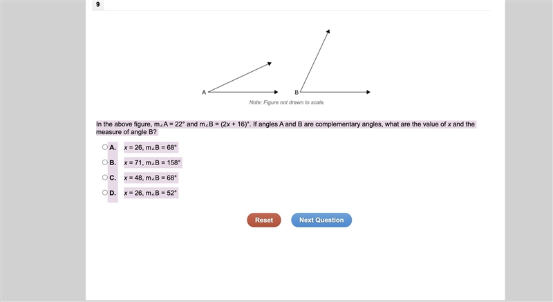 In the above figure, m∠A = 22° and m∠B = (2x + 16)°. If angles A and B are complementary-example-1