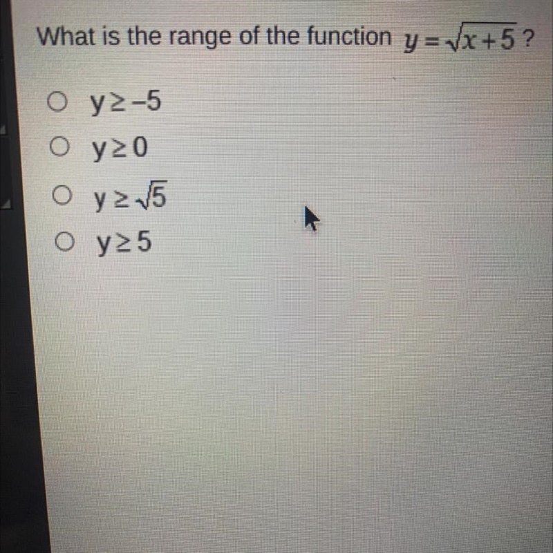 What is the range of the function y= squareroot of x+5?-example-1