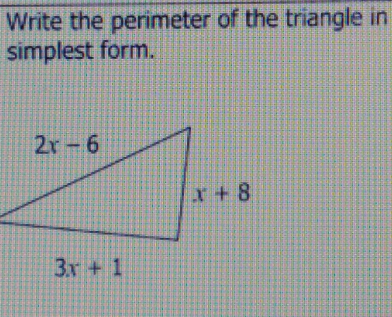 EXTRA POINTS IF CORRECT!!!!!!!! write the perimeter of the triangle in simplest form-example-1