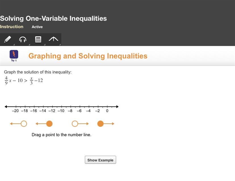 Graph the solution of this inequality: 4/9 x- 10 > x/3-12-example-1