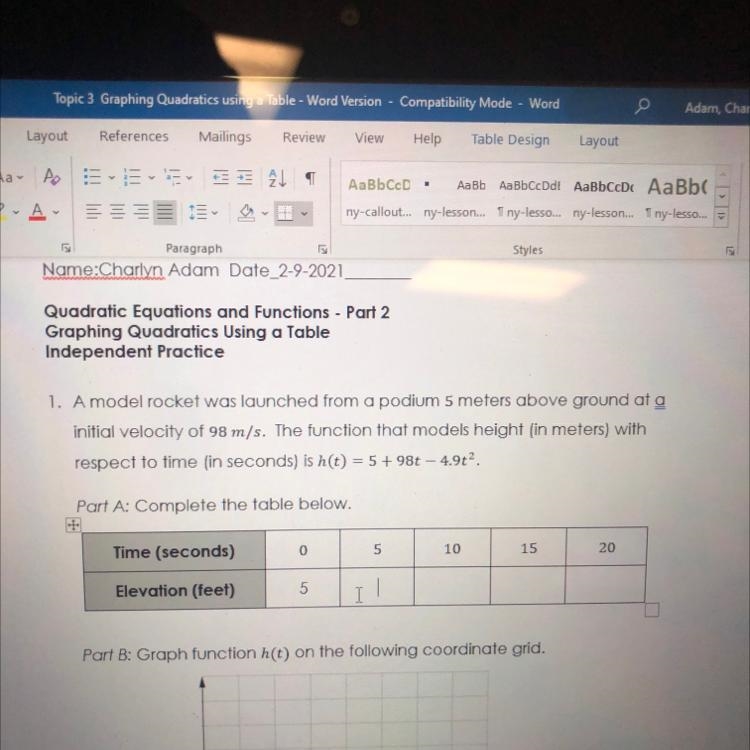 Quadratic Equations and Functions - Part 2 Graphing Quadratics Using a Table Independent-example-1