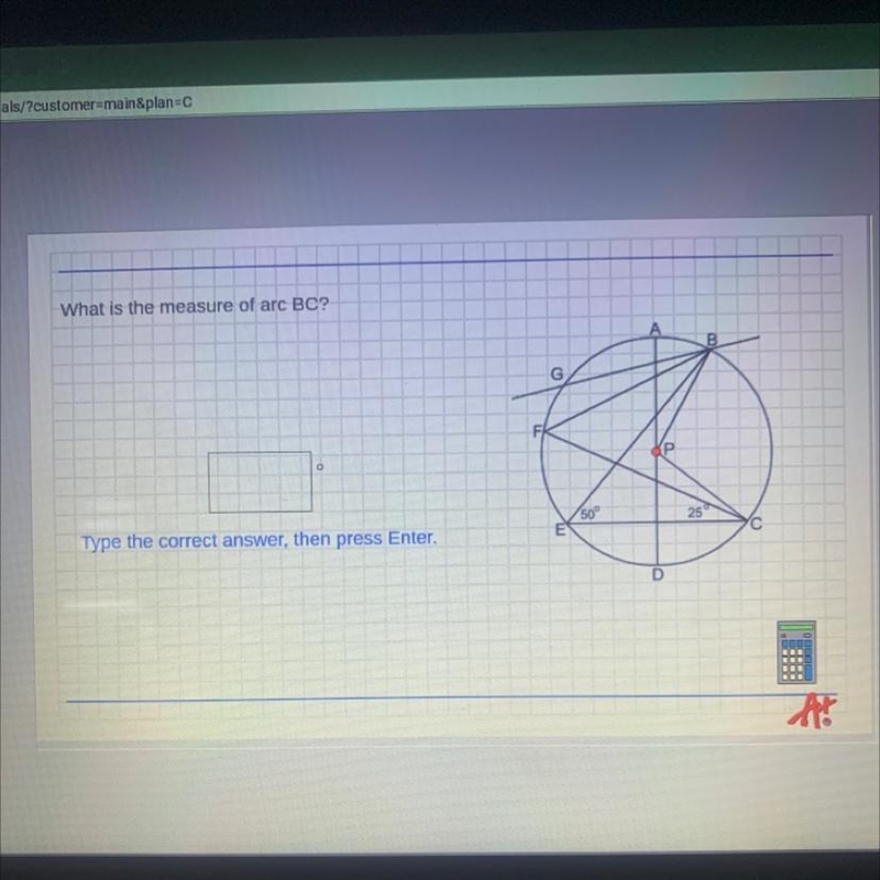 What is the measure of arc BC? А o 50° 25 E C D pls help if u can:)-example-1