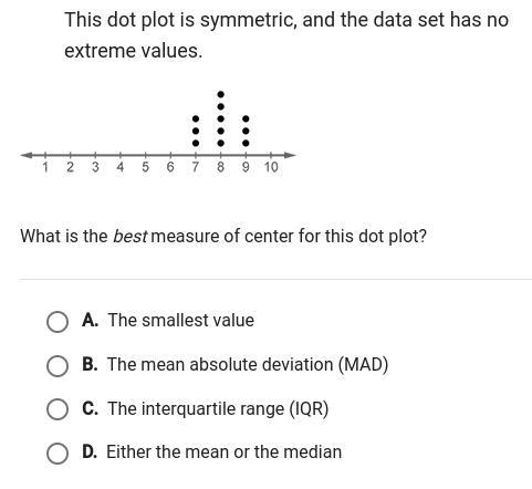 this dot plot is symmetric in the data set has no extreme values what is the best-example-1