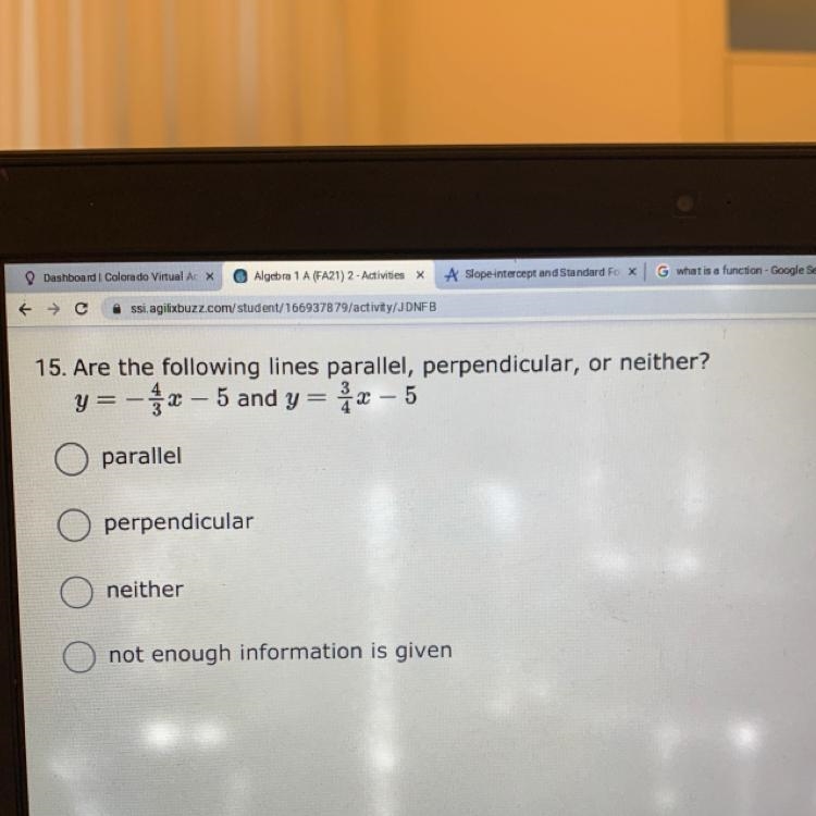 Are the following lines parallel, perpendicular, or neither?-example-1