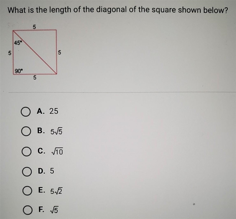 What is the length of the diagonal of the square shown below? ​-example-1