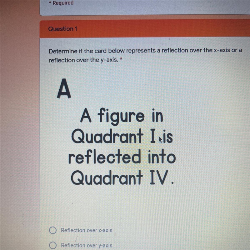 Determine if the card below represents a reflection over the x-axis or a reflection-example-1