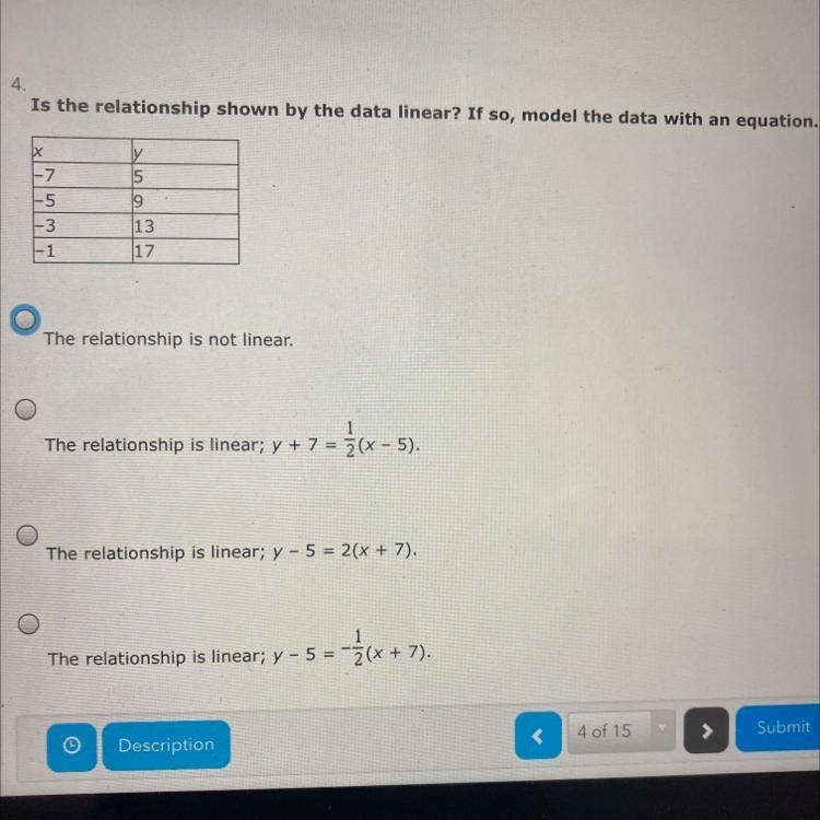 Is the relationship shown by the data linear if so model the data with an equation-example-1