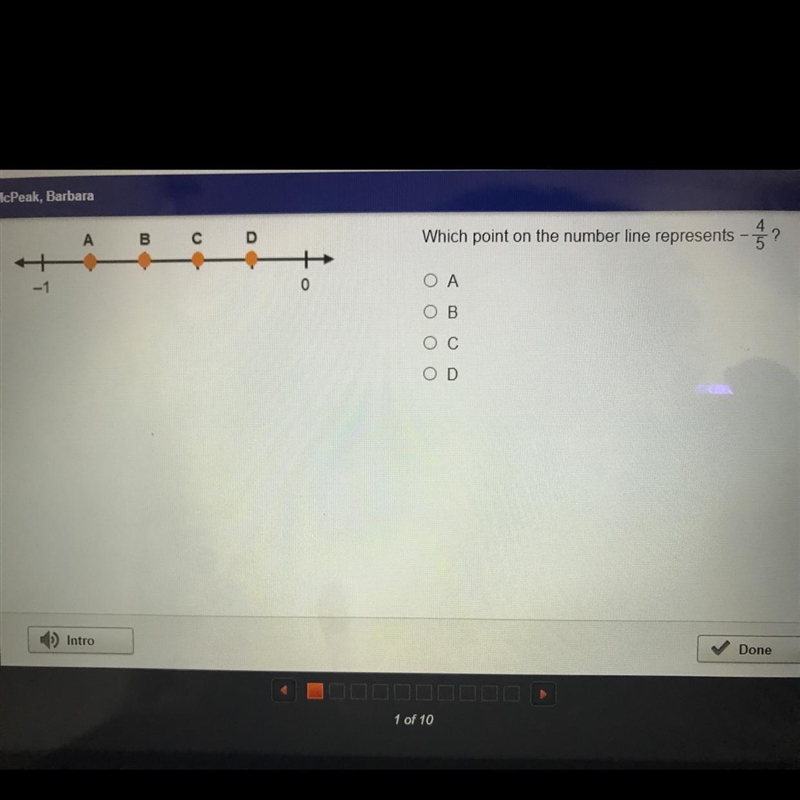 Which point on the number line represents -4/5? A B C D-example-1