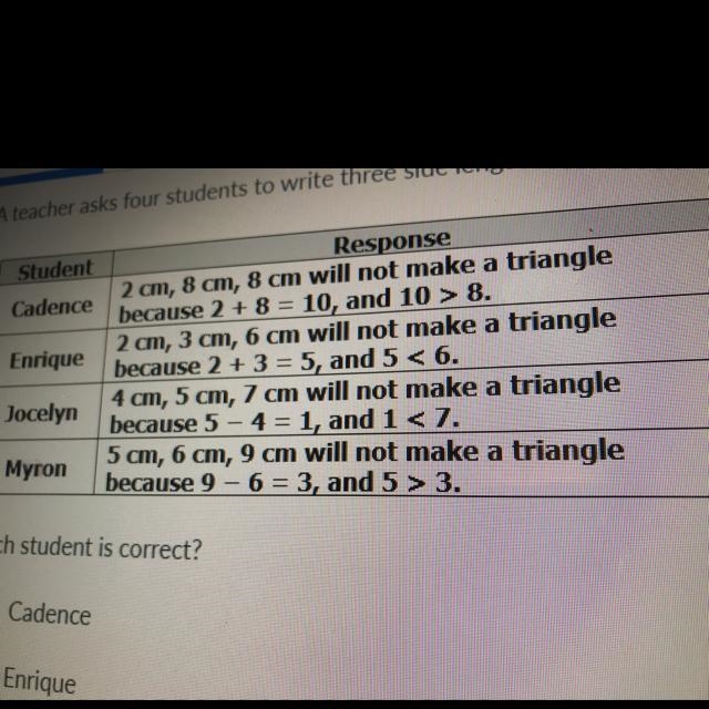 A teacher asks four students to write three side lengths that will not make a triangle-example-1