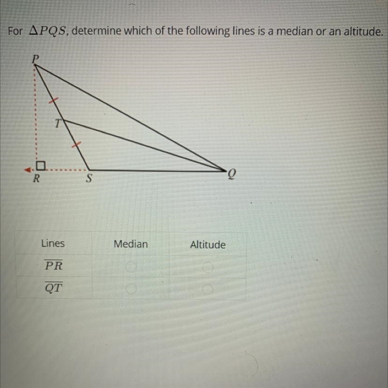 Which of the following is either a median or an altitude?-example-1