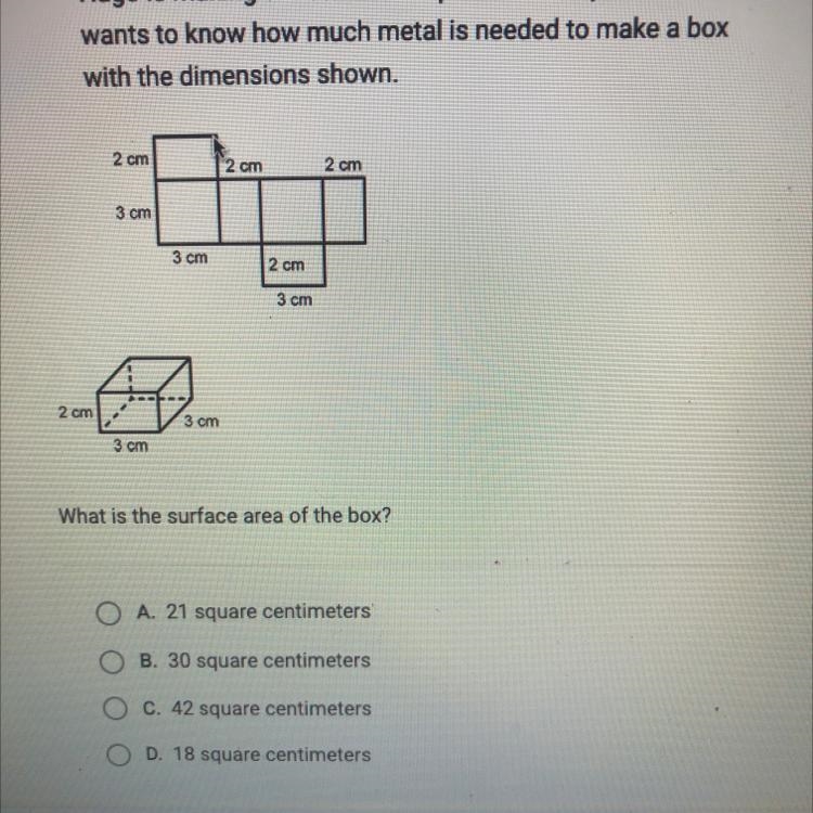 Hugo is making a metal box as part of a sculpture. He wants to know how much metal-example-1