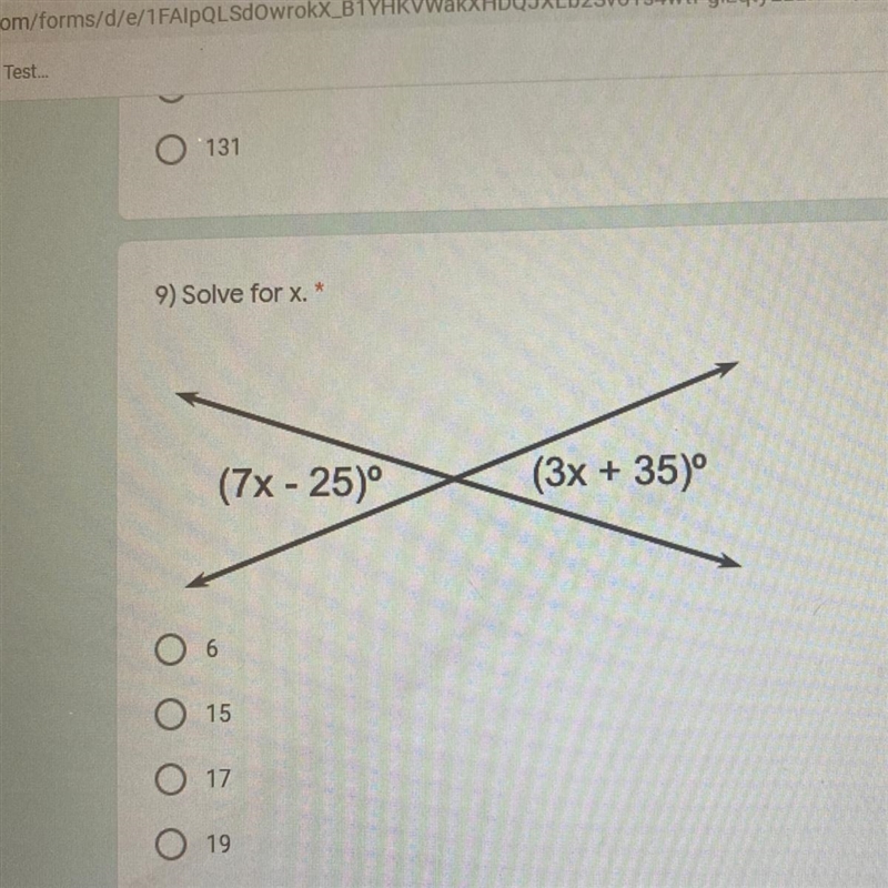 9) Solve for x. * (7x - 25) (3x + 35° 6 15 17 19-example-1