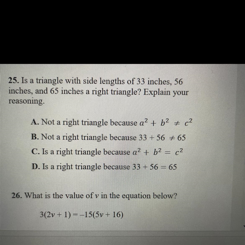 HELP PLS!!! Is a triangle with side lengths of 33 inches, 56 inches, and 65 inches-example-1