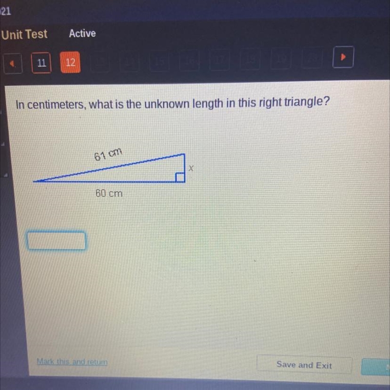 In centimeters, what is the unknown length in this right triangle? 61cm 60 cm-example-1