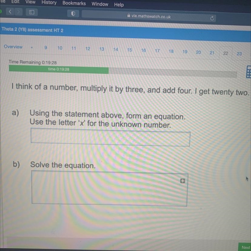 I think of a number multiply it by three and add four i get twenty two. a) using the-example-1