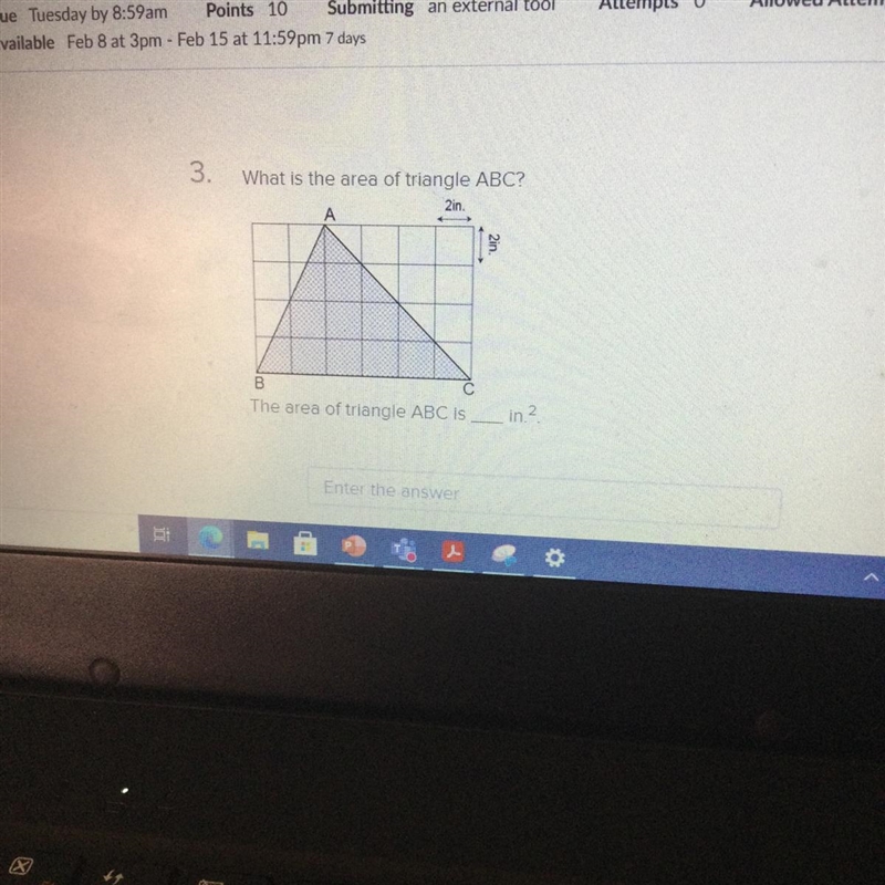 3. What is the area of triangle ABC? 2in. 2in. B The area of triangle ABC is-example-1