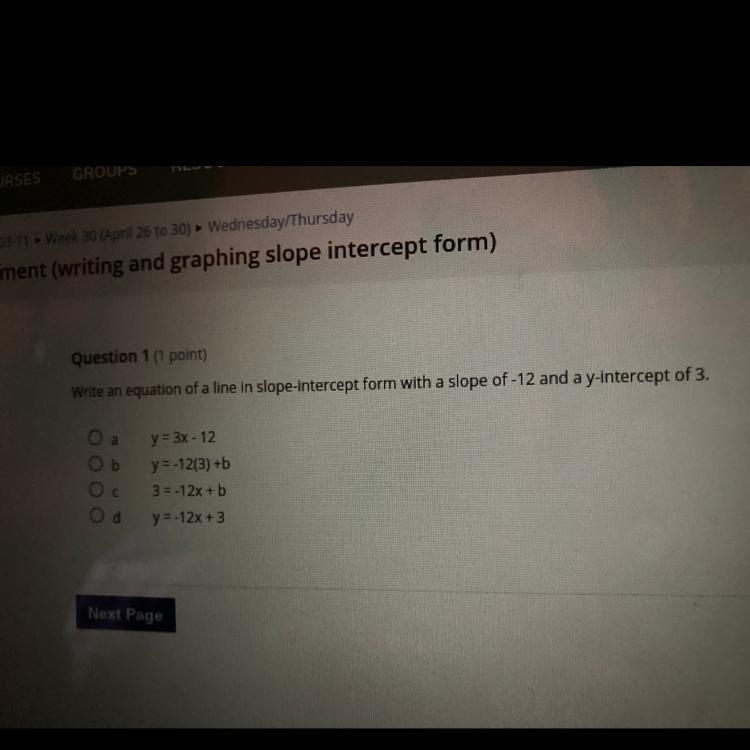 Write an equation of a line in slope-intercept form with a slope of -12 and a y-intercept-example-1