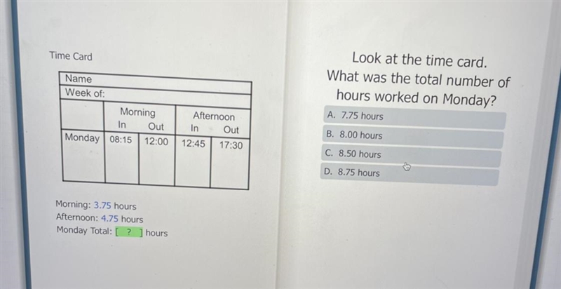 What was the total number of hours worked on monday?-example-1