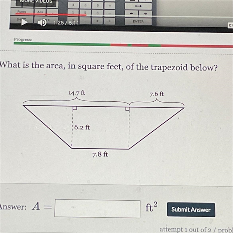 What is the area, in square feet, of the trapezoid below?-example-1