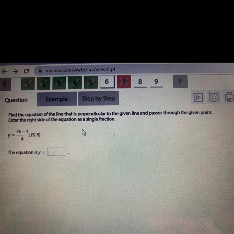 Fine the equation of the line that is perpendicular to the given line and passes through-example-1