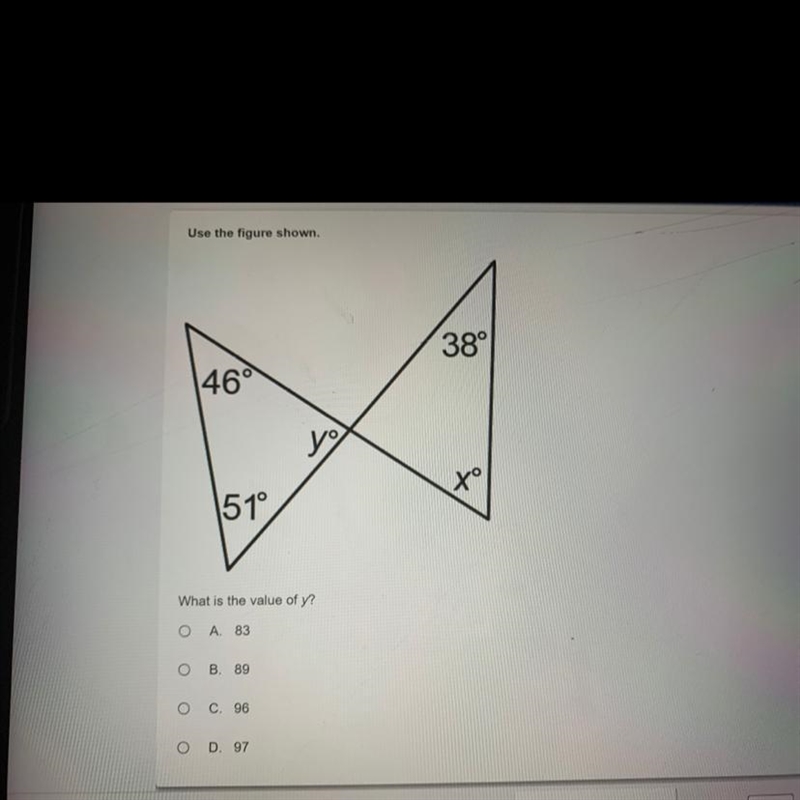 What is the value of y? A. 83 B. 89 C. 96 D. 97-example-1