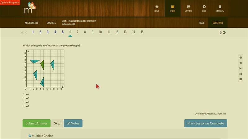 Which triangle is a reflection of the green triangle? Δ4 Δ3 Δ1 Δ2-example-1