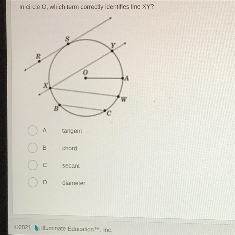 In circle o, which term correctly identifies line XY? Аtangent B chord с secant D-example-1