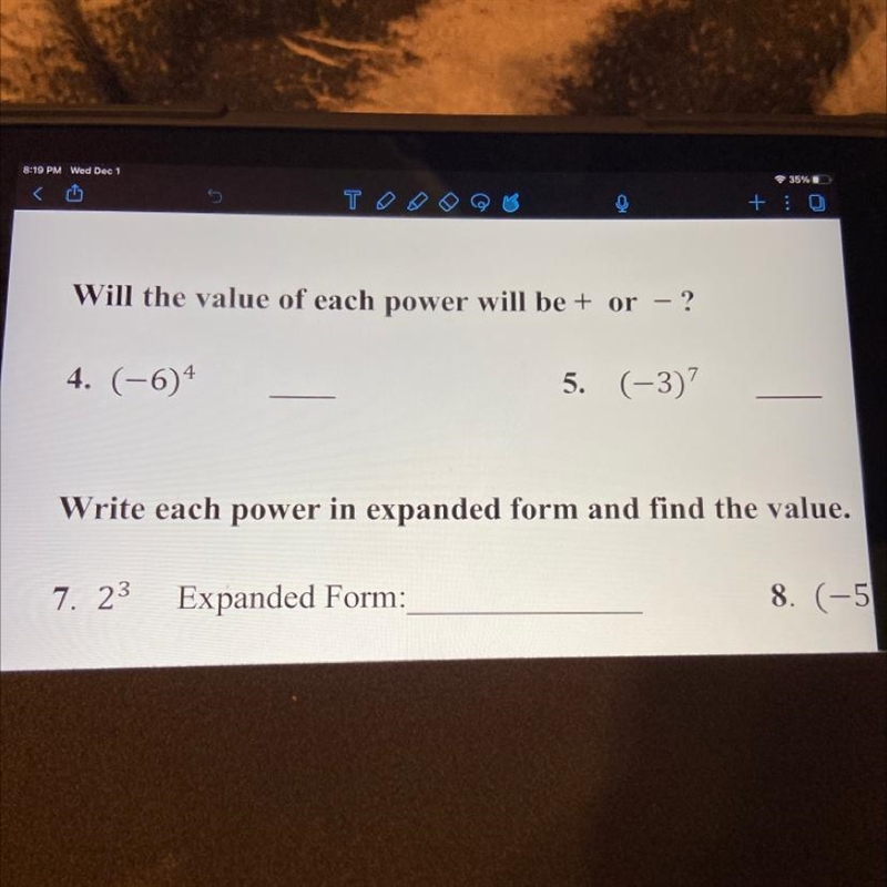 Will the value of each power will be + or - ? 4. (-64 5. (-3)? Plzzz help-example-1