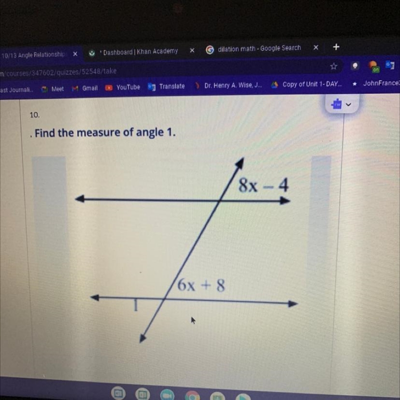 10. Find the measure of angle 1. 8x - 4 16x + 8-example-1