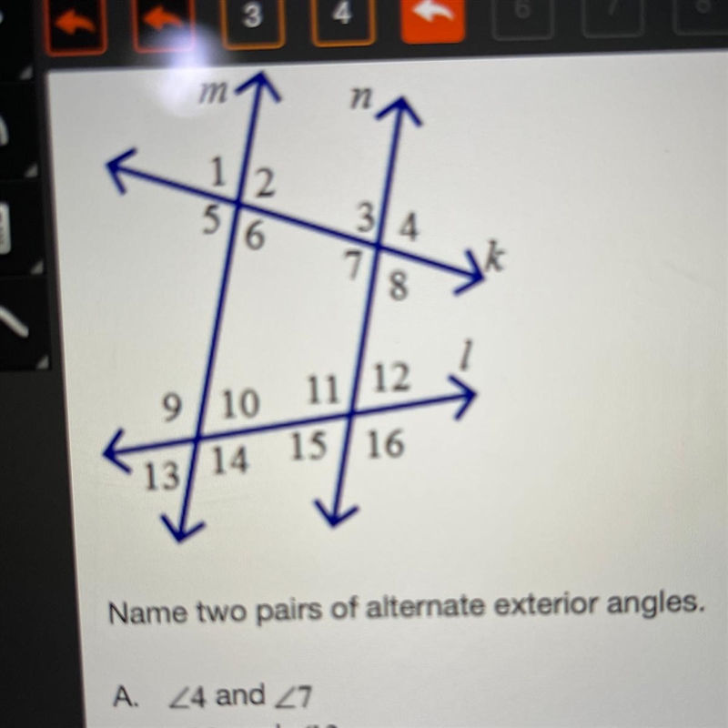 Name two pairs of alternate exterior angles.-example-1