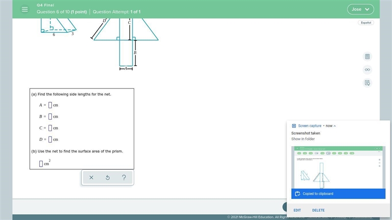 A right triangular prism and its net are shown below. (All lengths are in centimeters-example-2