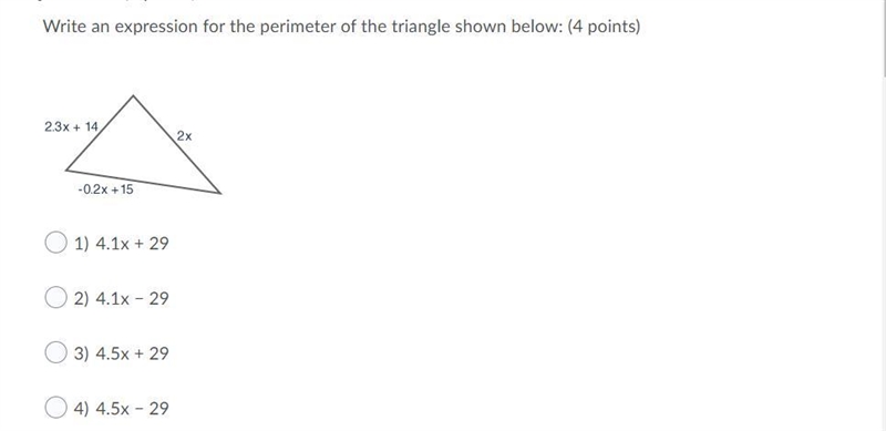 Write an expression for the perimeter of the triangle shown below 2.3x + 14 2x -0.2x-example-1