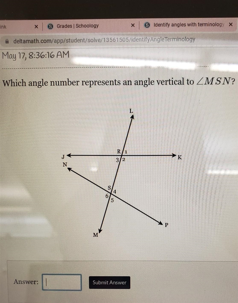 Which angle number represents an angle vertical to ZMSN? R1 3/2 S 4 6. 5 M​-example-1