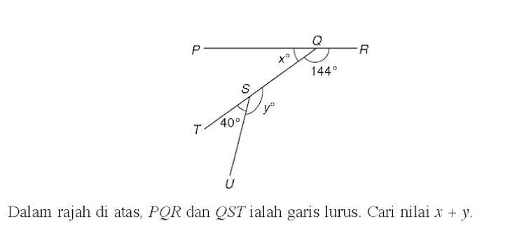 ‼️SOS lIn the diagram above, PQR and QST are straight lines. Find the value of x + y-example-1