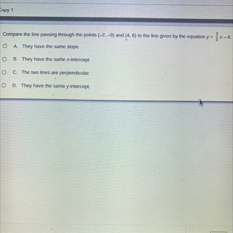 Compare the line passing through the points (—2, —9) and (4, 6) to the line given-example-1