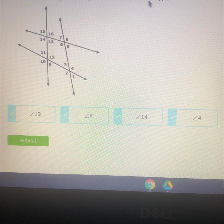 Which angles are supplementary to 16? Select all that apply.-example-1