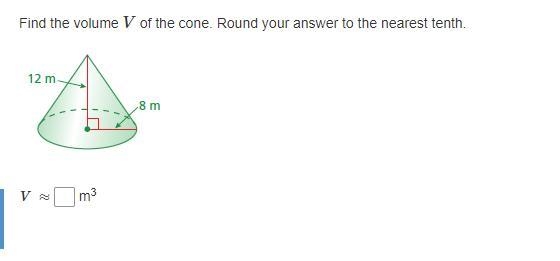 Find the volume V of the cone. Round your answer to the nearest tenth.-example-1